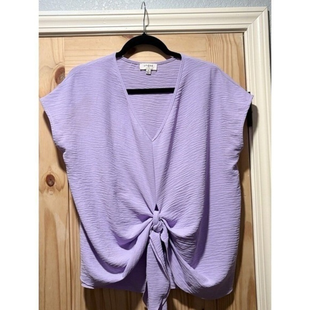 Umgee Lavender Tie‎ Front Blouse Womens Medium V Neck Boho Textured Top